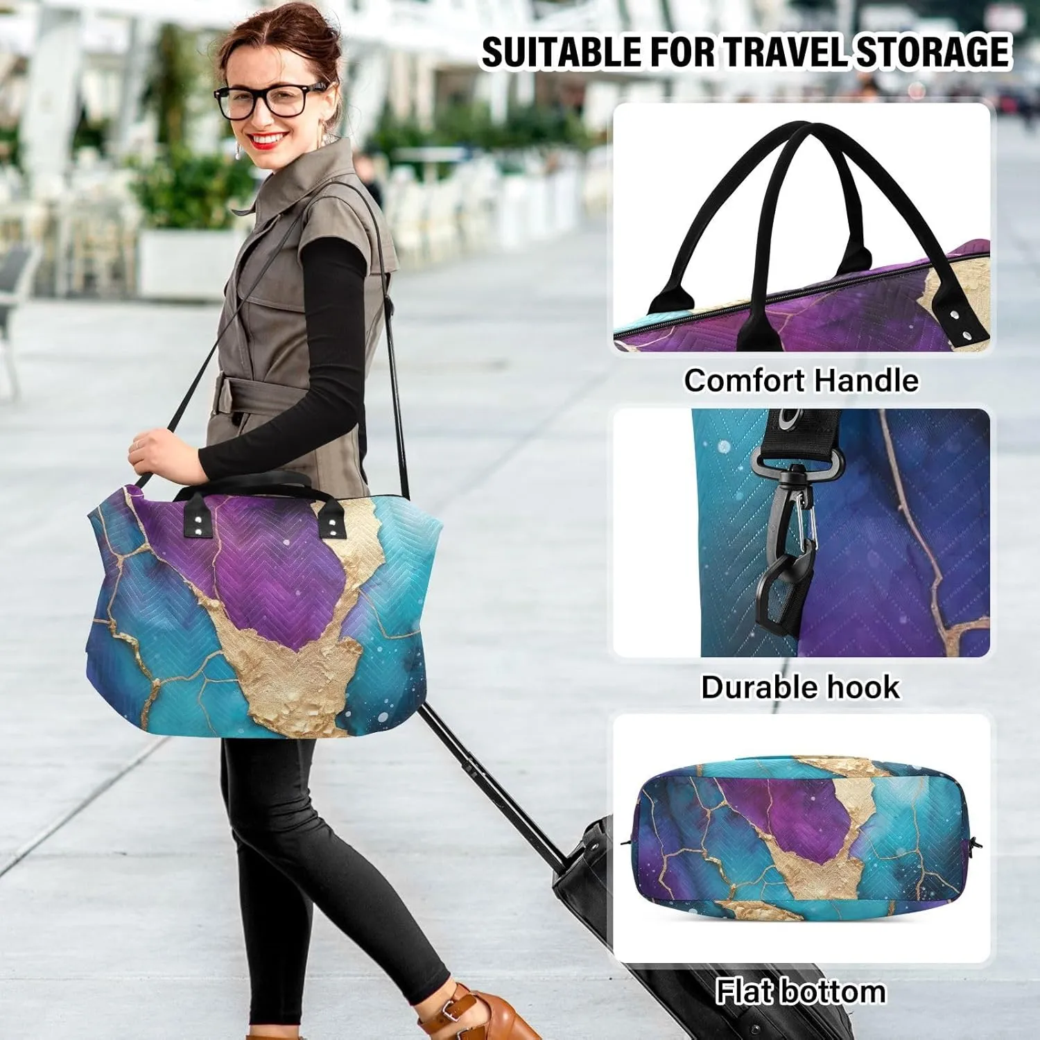 Marble Purple Sports Gym Bag for Women Men Travel Duffel Bag Weekend Overnight Carry on Bag with Toiletry Bag Training Handbag for Workout Swimming Yoga Plane Hospital