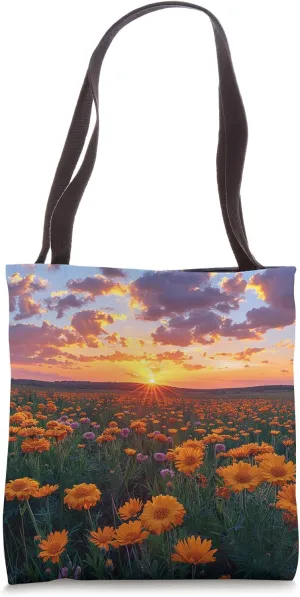 Marsh Marigold Flower Field Beautiful Sunset Graphic Tote Bag