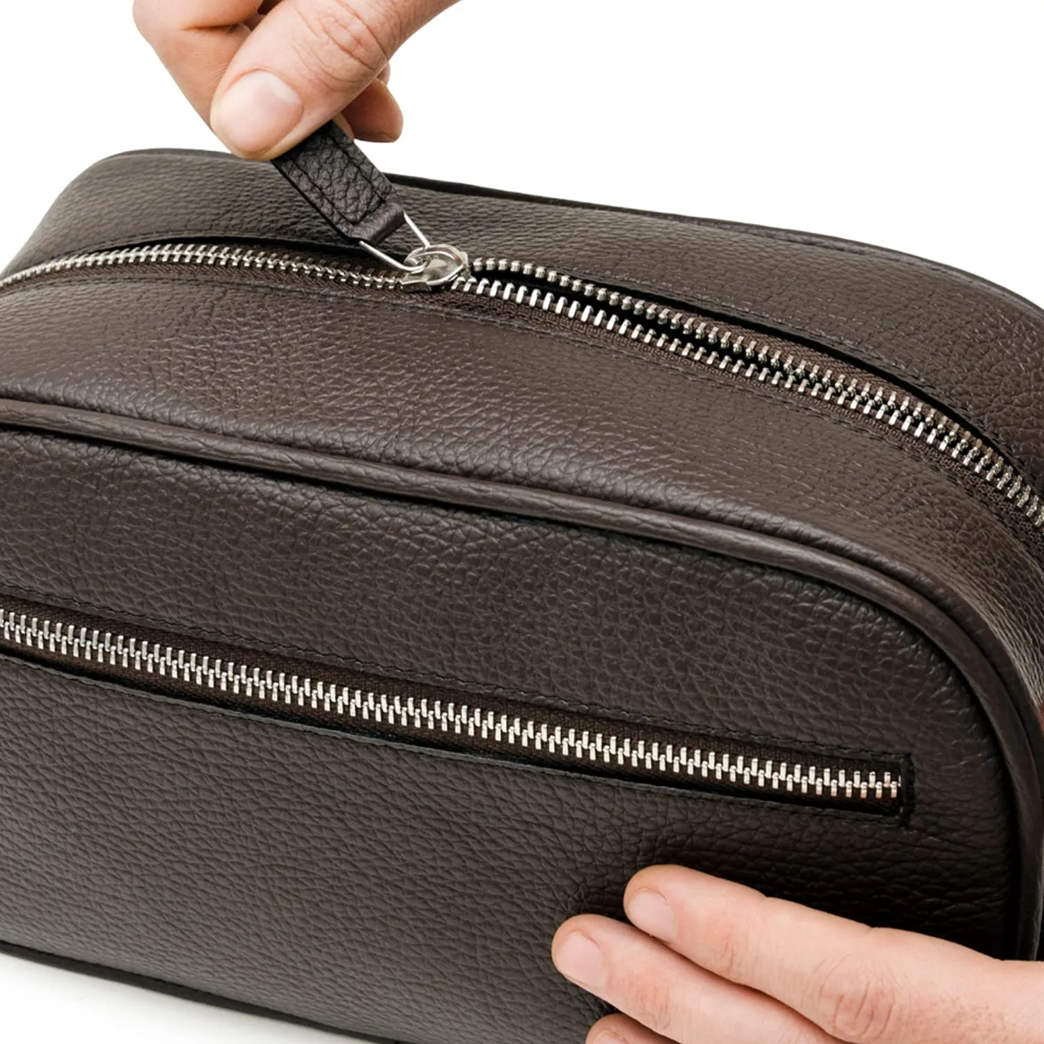 Maruse Italian Leather Toiletry Travel Bag with 2 Zippered Closures for Men and Women, Handmade in Italy, Brown