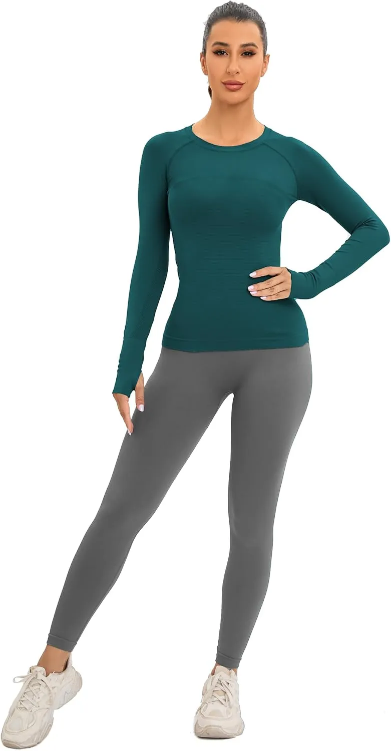 MathCat Workout Seamless Shirts for Women Long-Sleeved Yoga Running Breathable Thumb Holes Tops