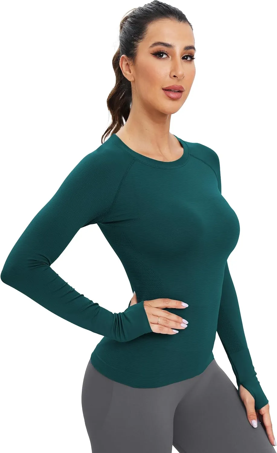 MathCat Workout Seamless Shirts for Women Long-Sleeved Yoga Running Breathable Thumb Holes Tops