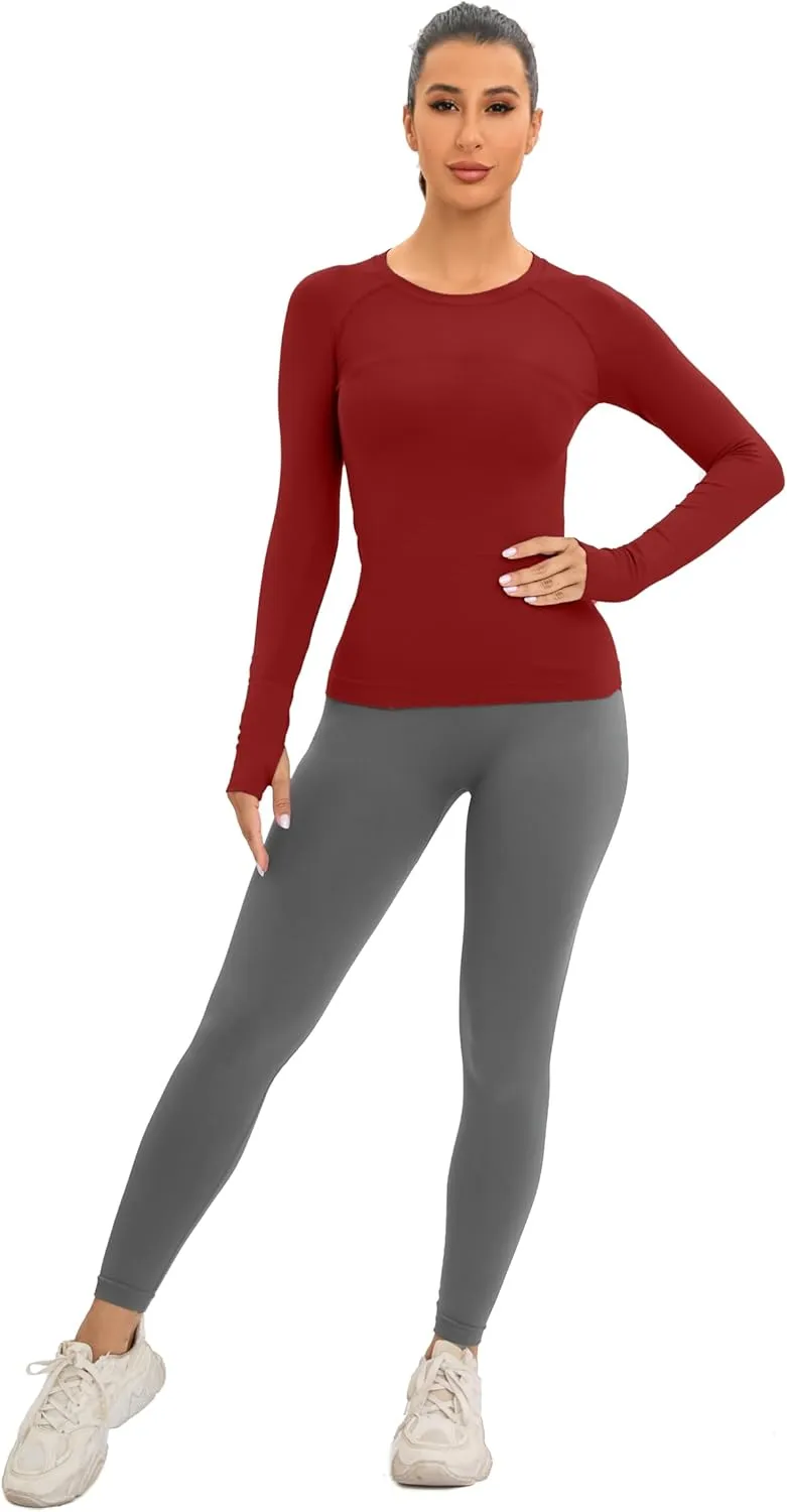 MathCat Workout Seamless Shirts for Women Long-Sleeved Yoga Running Breathable Thumb Holes Tops