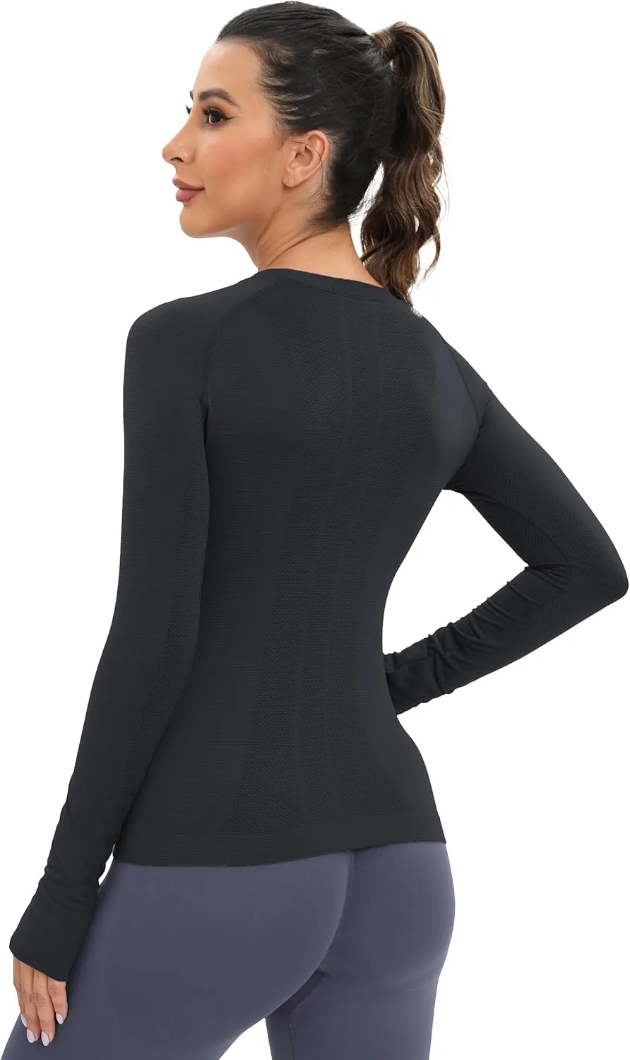 MathCat Workout Seamless Shirts for Women Long-Sleeved Yoga Running Breathable Thumb Holes Tops