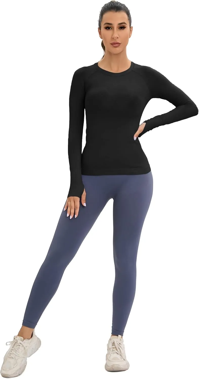 MathCat Workout Seamless Shirts for Women Long-Sleeved Yoga Running Breathable Thumb Holes Tops