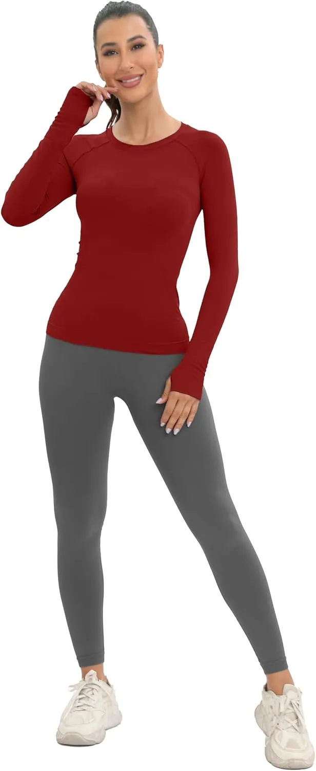 MathCat Workout Seamless Shirts for Women Long-Sleeved Yoga Running Breathable Thumb Holes Tops