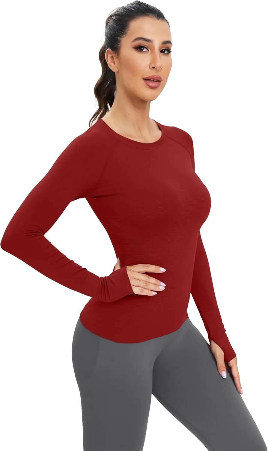 MathCat Workout Seamless Shirts for Women Long-Sleeved Yoga Running Breathable Thumb Holes Tops