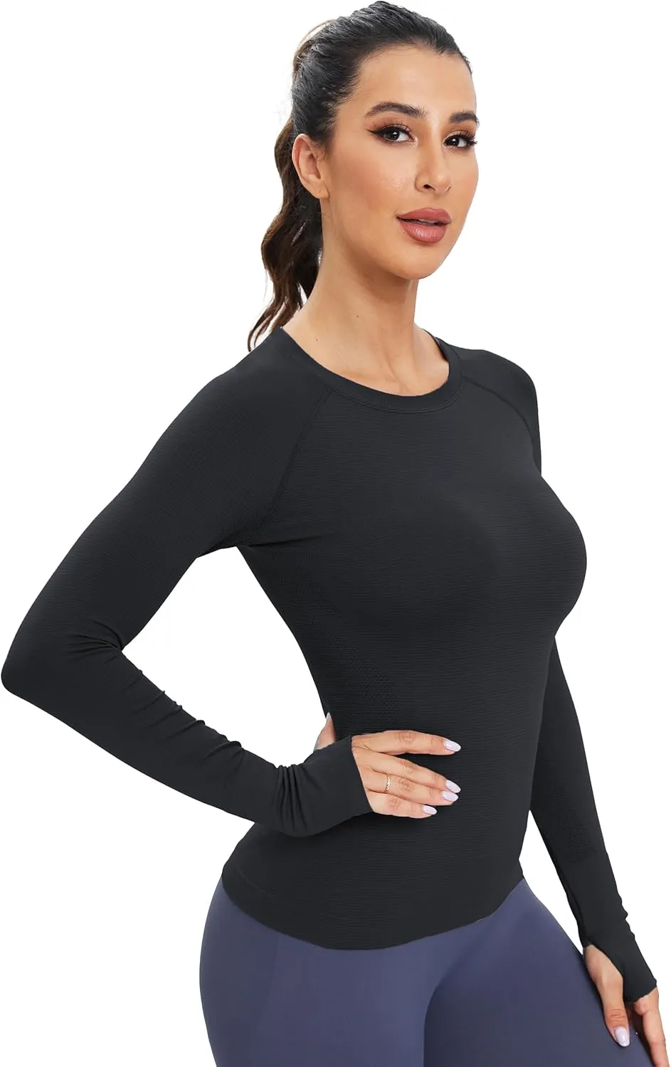 MathCat Workout Seamless Shirts for Women Long-Sleeved Yoga Running Breathable Thumb Holes Tops