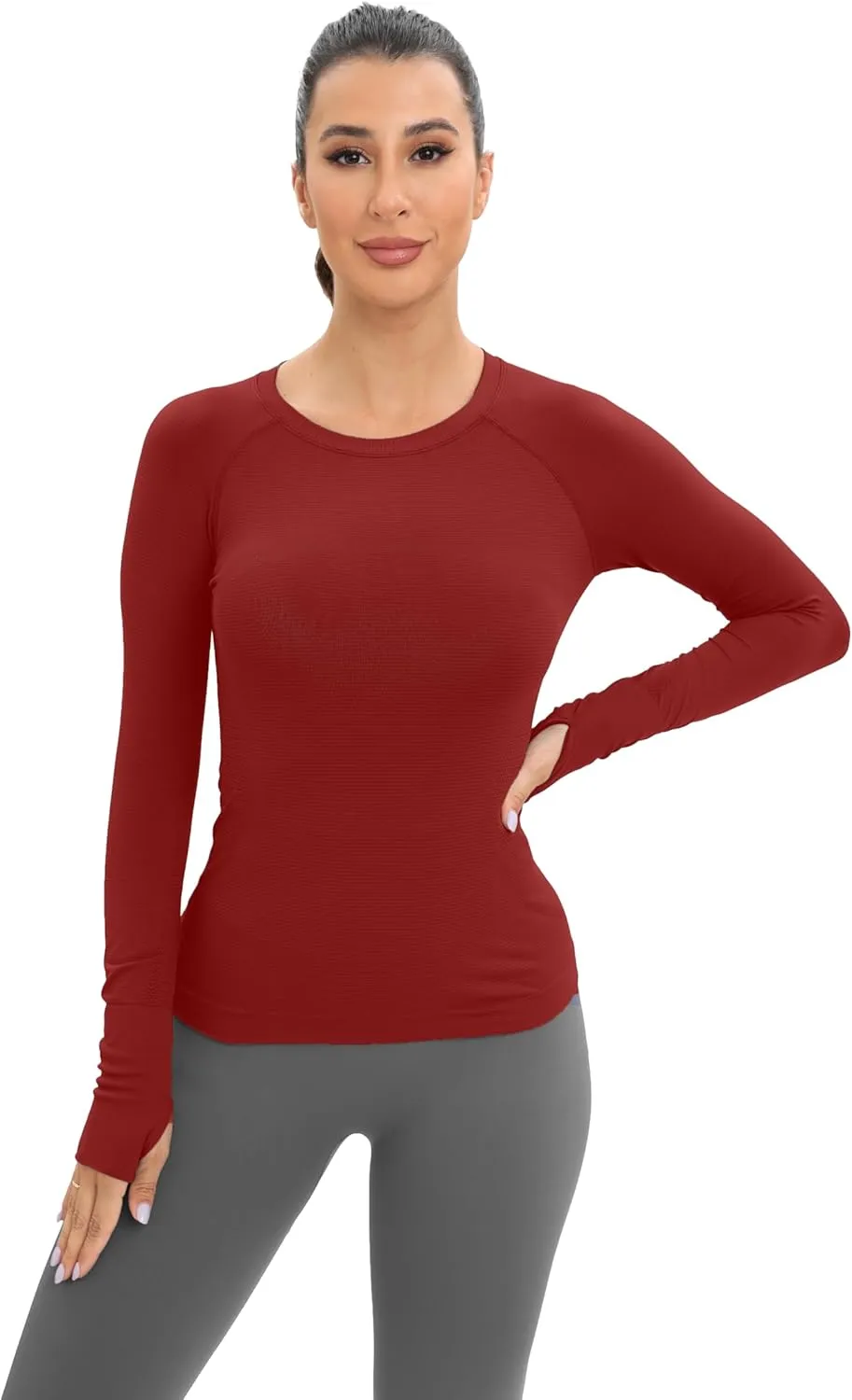MathCat Workout Seamless Shirts for Women Long-Sleeved Yoga Running Breathable Thumb Holes Tops