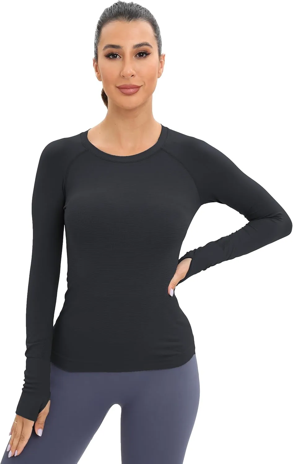 MathCat Workout Seamless Shirts for Women Long-Sleeved Yoga Running Breathable Thumb Holes Tops
