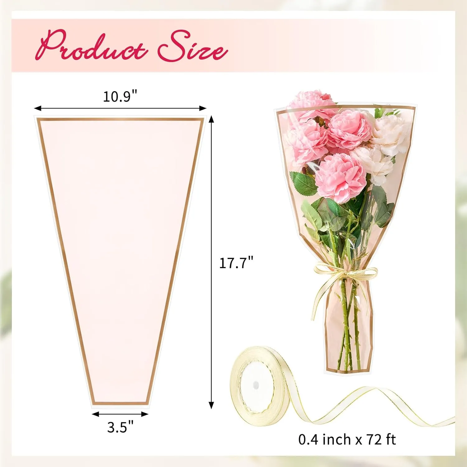 Mauproy 50 Pack Pink Flower Bags for Bouquets, 17.7 x 10.9 Inches Plastic Flower Sleeves Clear Front Floral Wraps with Ribbons for Mother's Day Florist Packaging Supplies