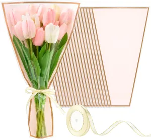 Mauproy 50 Pack Pink Flower Bags for Bouquets, 17.7 x 10.9 Inches Plastic Flower Sleeves Clear Front Floral Wraps with Ribbons for Mother's Day Florist Packaging Supplies