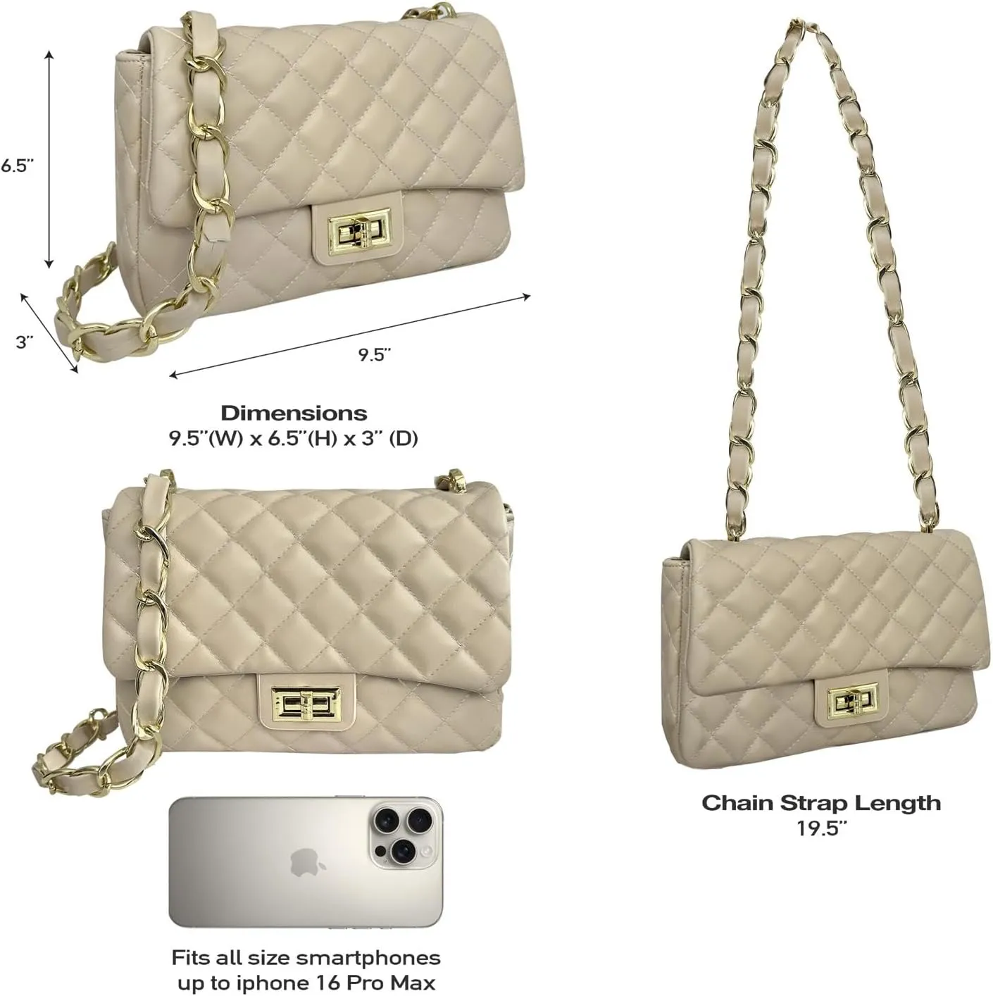 Medium Quilted Leather Crossbody Bag, Designer Soft Shoulder Light Purse, Outer Back Pocket