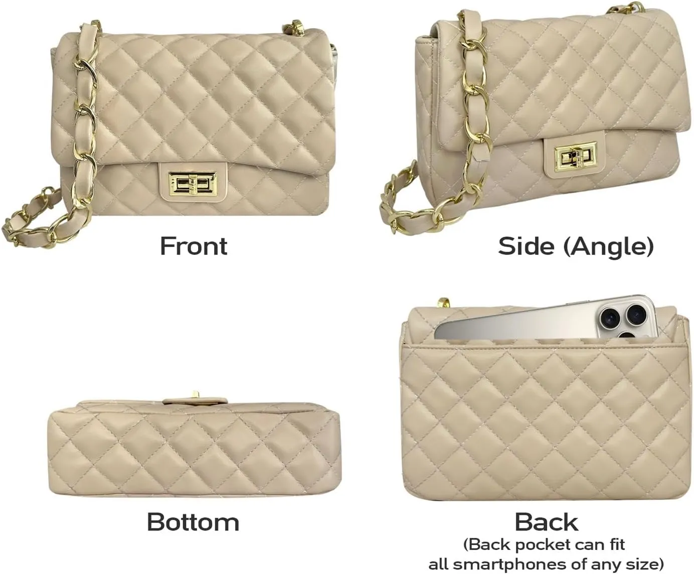 Medium Quilted Leather Crossbody Bag, Designer Soft Shoulder Light Purse, Outer Back Pocket