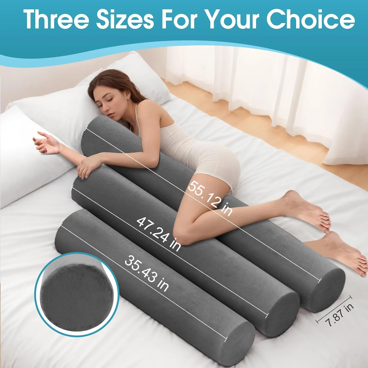 Memory Foam Body Pillow, Long Pillow for Bed, Big Full Body Pillows for Adults, Multifunctional Bolster Pillow with Removable & Washable Velvet Cover, Cylindrical Side Pillow (35.43"*7.9")