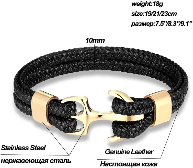 Men Anchor Bracelet Women Leather Gold Stainless Steel Handmade Jewellery Fashion Accessories Rope Bracelets For Gifts TN2FD (Gold-Blue-21cm)