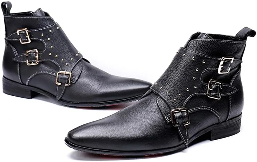 Men Ankle Boots Men Monk Strap Zip Boots with Decoration Party Business Holiday Office for Club Genuine Pure Leather The First Layer of Cowhide