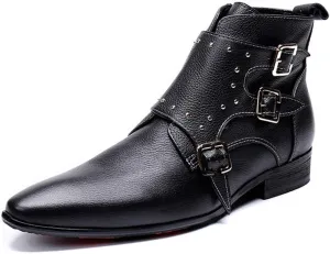 Men Ankle Boots Men Monk Strap Zip Boots with Decoration Party Business Holiday Office for Club Genuine Pure Leather The First Layer of Cowhide