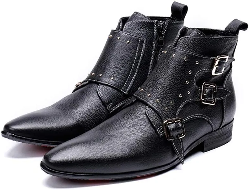Men Ankle Boots Men Monk Strap Zip Boots with Decoration Party Business Holiday Office for Club Genuine Pure Leather The First Layer of Cowhide