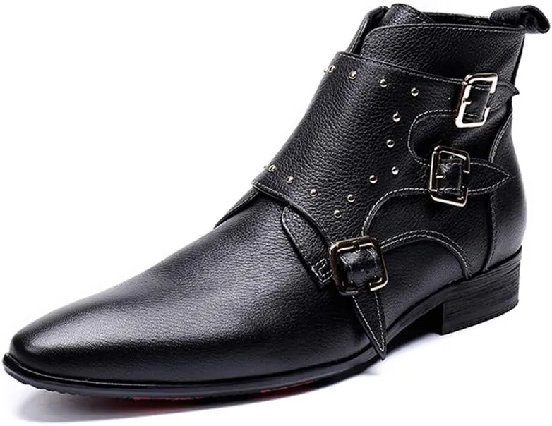 Men Ankle Boots Men Monk Strap Zip Boots with Decoration Party Business Holiday Office for Club Genuine Pure Leather The First Layer of Cowhide