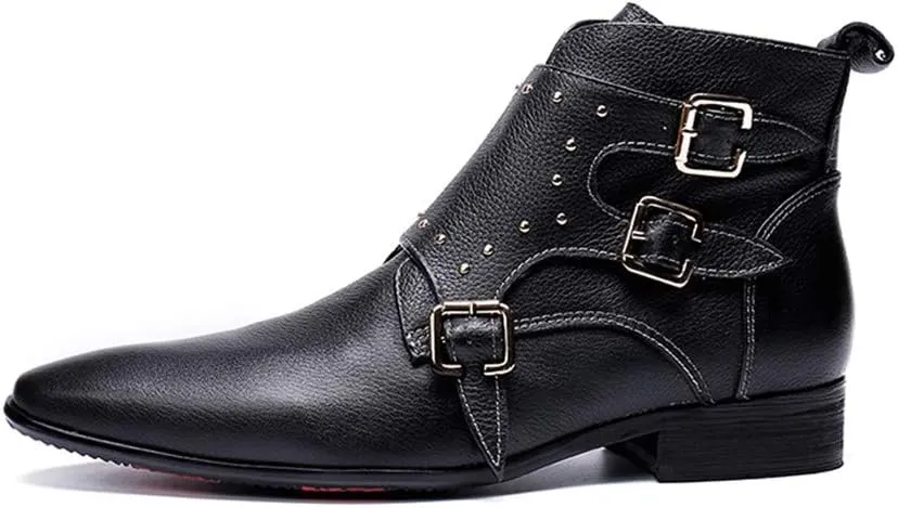 Men Ankle Boots Men Monk Strap Zip Boots with Decoration Party Business Holiday Office for Club Genuine Pure Leather The First Layer of Cowhide