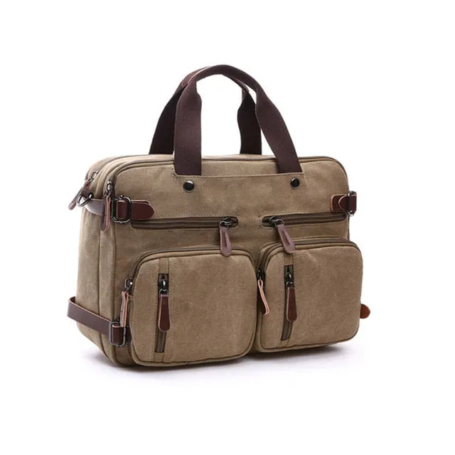 Men Canvas Bag Leather Briefcase Travel Suitcase