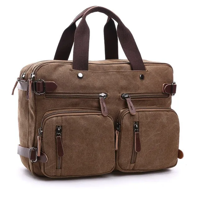 Men Canvas Bag Leather Briefcase Travel Suitcase