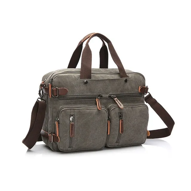 Men Canvas Bag Leather Briefcase Travel Suitcase