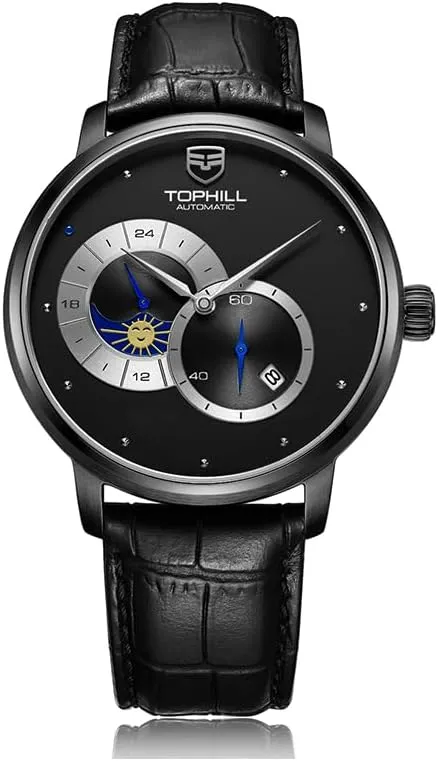 Men's Automatic Mechanical Watch, Sapphire Crystal Moon Phase Wristwatch, 316L Stainless Steel, Waterproof 50M, Genuine Leather Band, Model TW057G