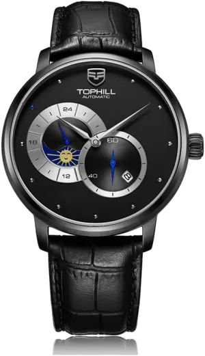 Men's Automatic Mechanical Watch, Sapphire Crystal Moon Phase Wristwatch, 316L Stainless Steel, Waterproof 50M, Genuine Leather Band, Model TW057G