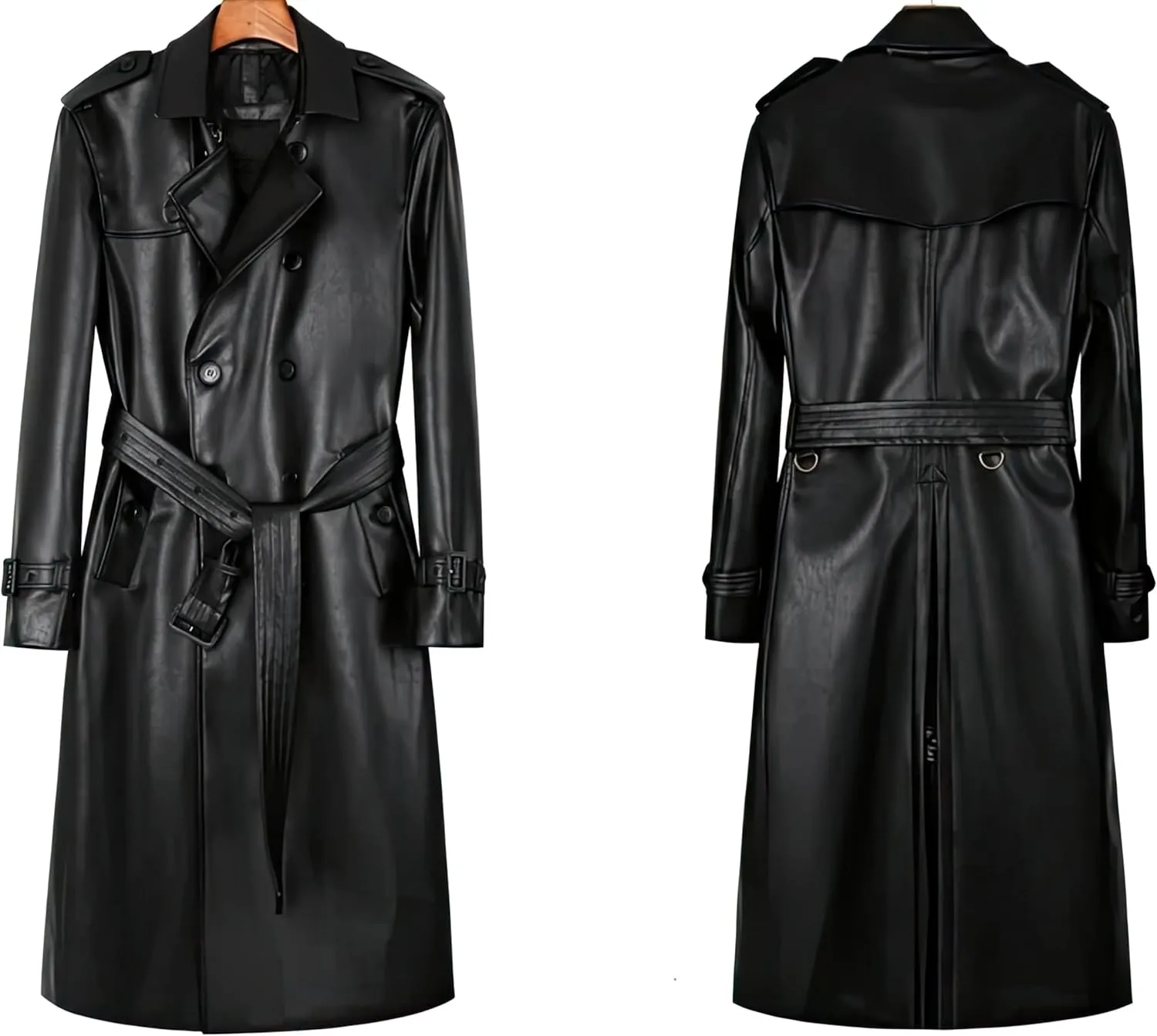 Men's Black Genuine Sheepskin Leather Double Breasted Trench Coat - British Business Fashionable Thick Aviator Long Coat Men