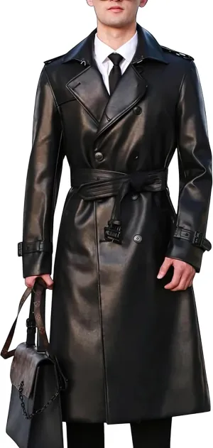 Men's Black Genuine Sheepskin Leather Double Breasted Trench Coat - British Business Fashionable Thick Aviator Long Coat Men
