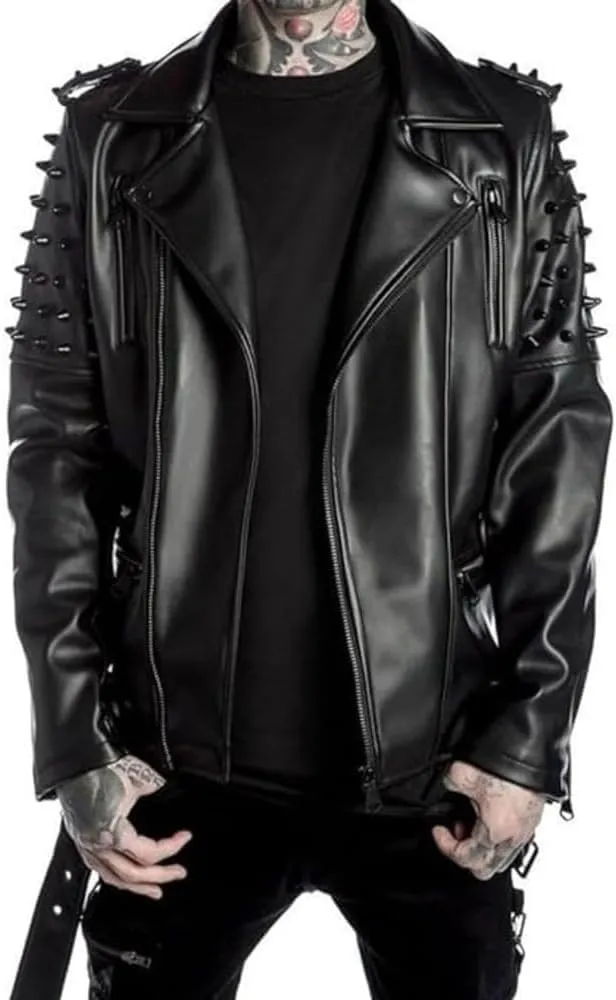 Men's Brando Notch Lapel Collar Punk Studded Spikes Real Motorbike Black Leather Jacket Rider Rock Classic Streetwear