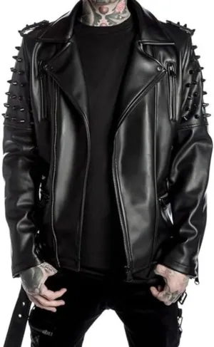 Men's Brando Notch Lapel Collar Punk Studded Spikes Real Motorbike Black Leather Jacket Rider Rock Classic Streetwear