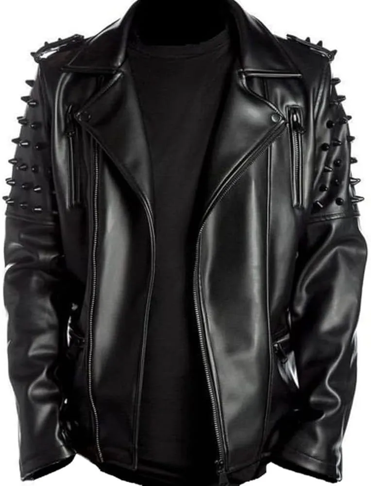 Men's Brando Notch Lapel Collar Punk Studded Spikes Real Motorbike Black Leather Jacket Rider Rock Classic Streetwear