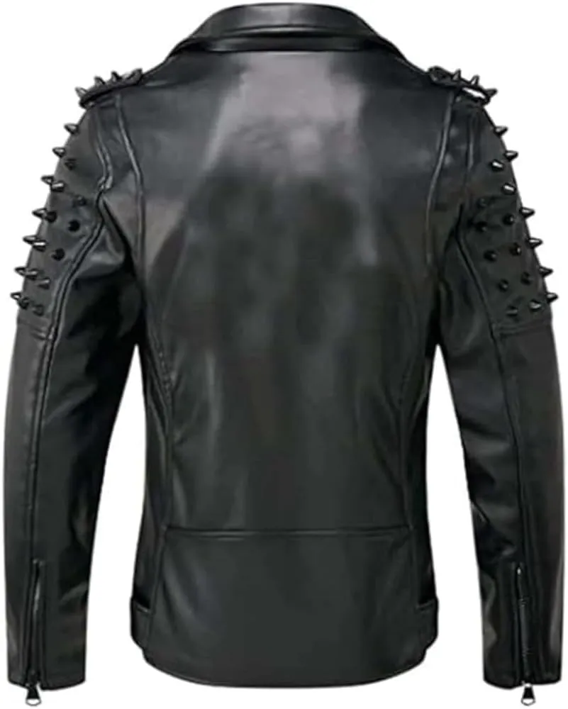 Men's Brando Notch Lapel Collar Punk Studded Spikes Real Motorbike Black Leather Jacket Rider Rock Classic Streetwear