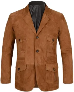 Mens Brown Genuine Suede Lambskin Leather Blazer for Men Stylish Buttoned Coat Jacket with Soft and Real Feel