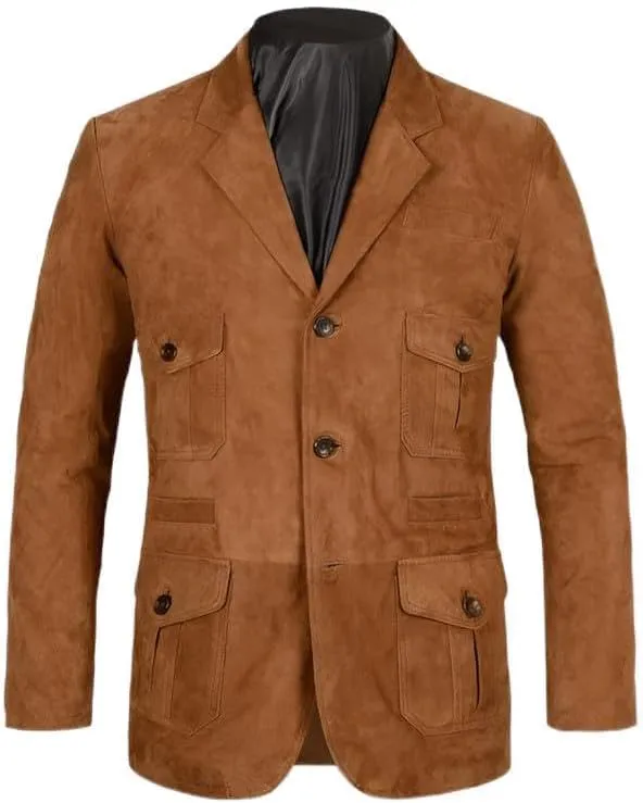 Mens Brown Genuine Suede Lambskin Leather Blazer for Men Stylish Buttoned Coat Jacket with Soft and Real Feel