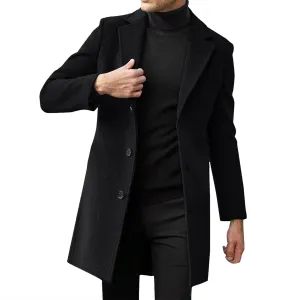 Men's Casual Trench Coat Slim Fit Notched Collar Mid Long Jacket Loose Blend Overcoat Business Warm Winter Coat