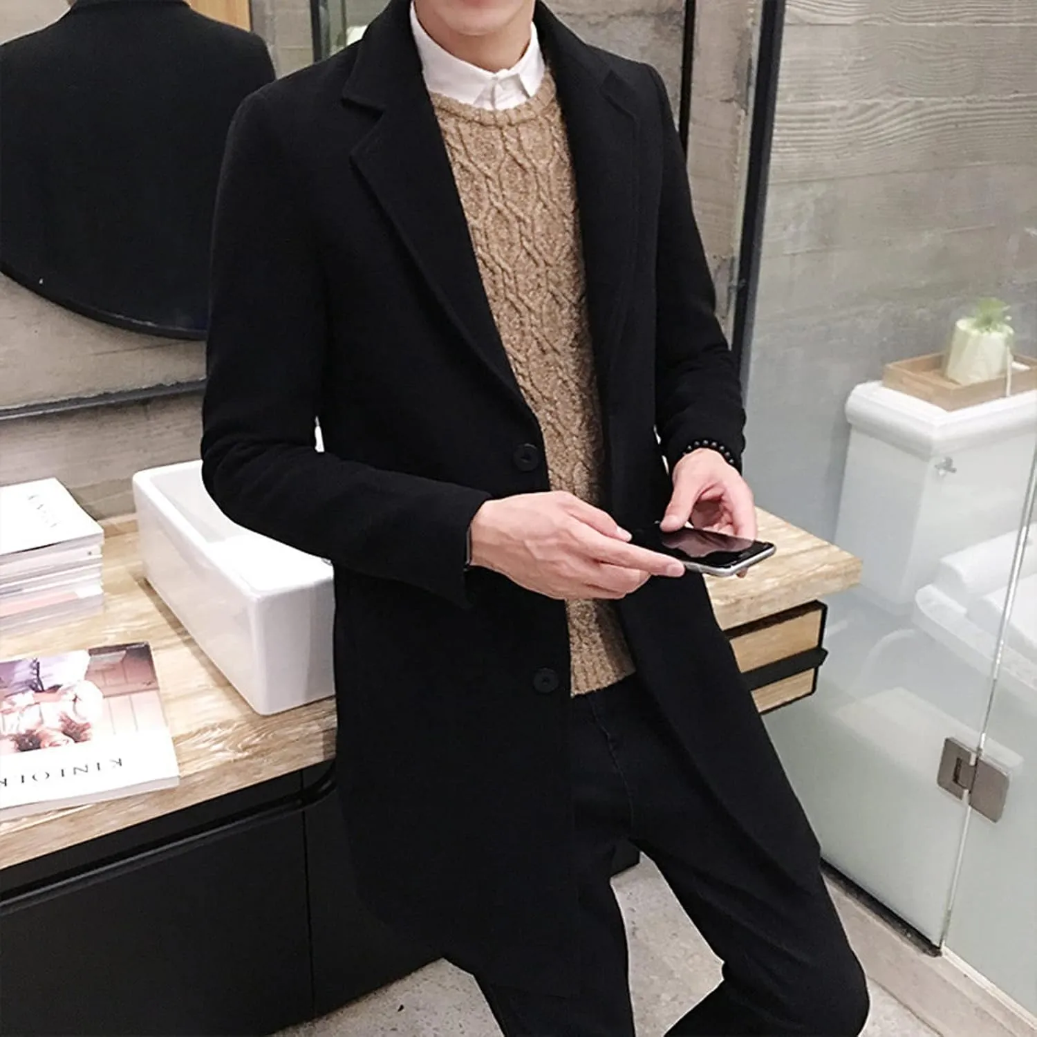 Men's Casual Trench Coat Slim Fit Notched Collar Mid Long Jacket Loose Blend Overcoat Business Warm Winter Coat
