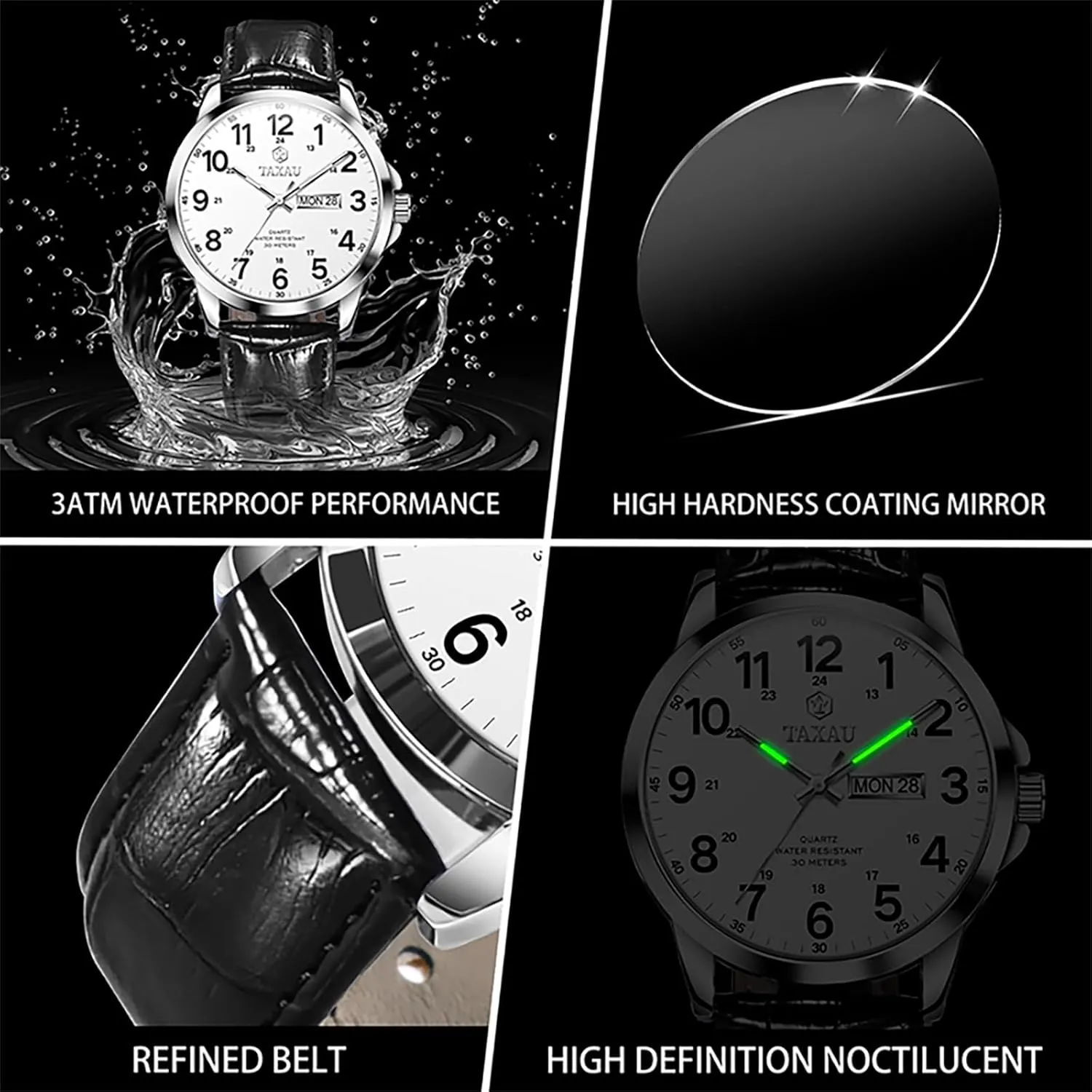 Men’s Dress Watches Waterproof Analog Leather Watch with Day Date Large Arabic Numerals Fashion Casual Classic Man Wrist Watch Brown/Black Band Easy Read Relojes para Hombres