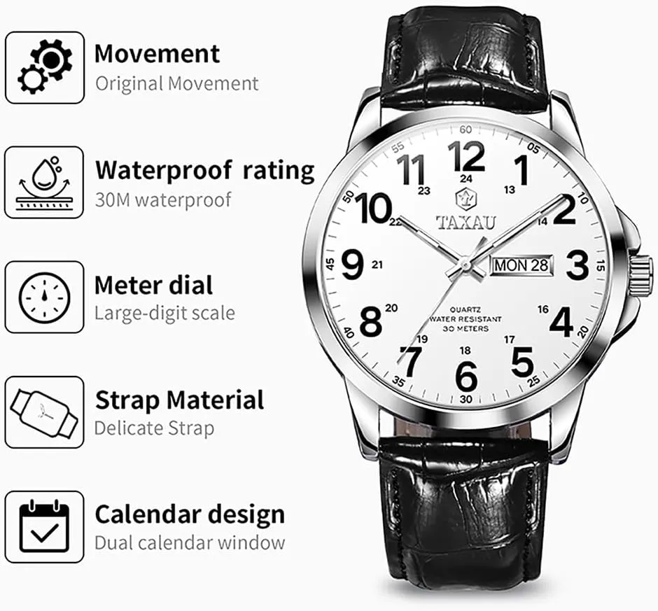Men’s Dress Watches Waterproof Analog Leather Watch with Day Date Large Arabic Numerals Fashion Casual Classic Man Wrist Watch Brown/Black Band Easy Read Relojes para Hombres