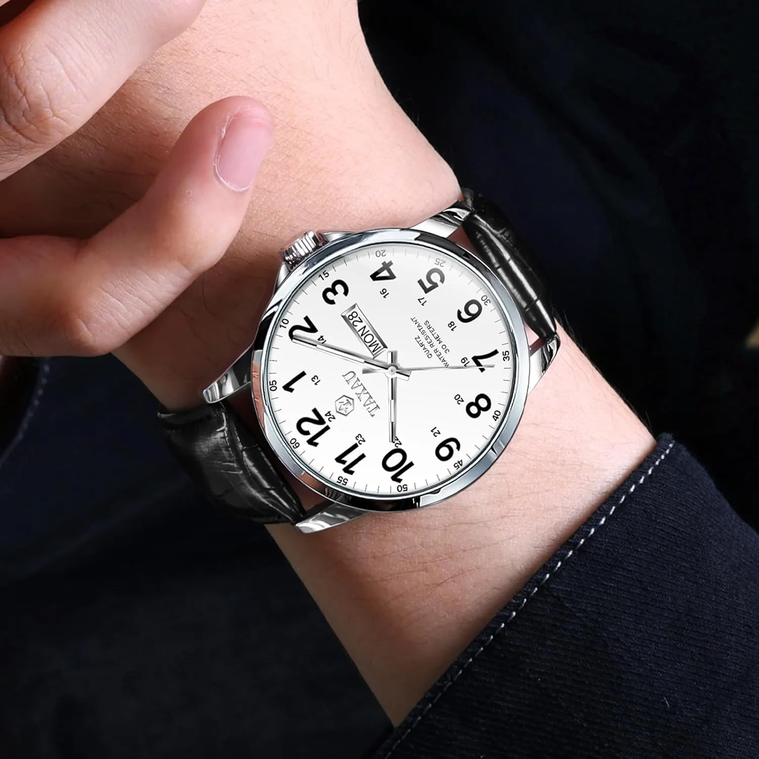 Men’s Dress Watches Waterproof Analog Leather Watch with Day Date Large Arabic Numerals Fashion Casual Classic Man Wrist Watch Brown/Black Band Easy Read Relojes para Hombres