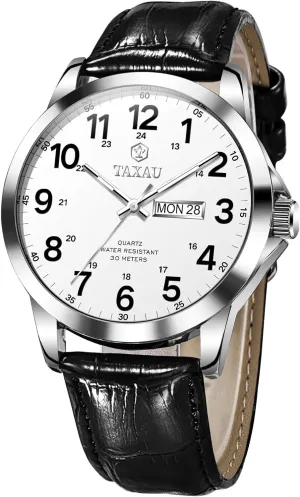 Men’s Dress Watches Waterproof Analog Leather Watch with Day Date Large Arabic Numerals Fashion Casual Classic Man Wrist Watch Brown/Black Band Easy Read Relojes para Hombres