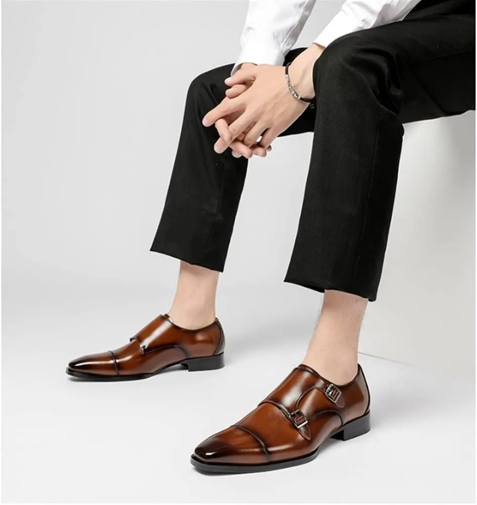 Men's Formal Shoes Double Monk Strap Genuine Leather Comfort Dress Shoes for Wedding Office