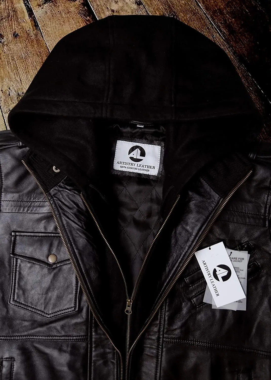 Mens Genuine Black Hooded Bomber Leather Jacket | Real Lambskin Waxed Brown Leather Jackets for Men with Removable Hood