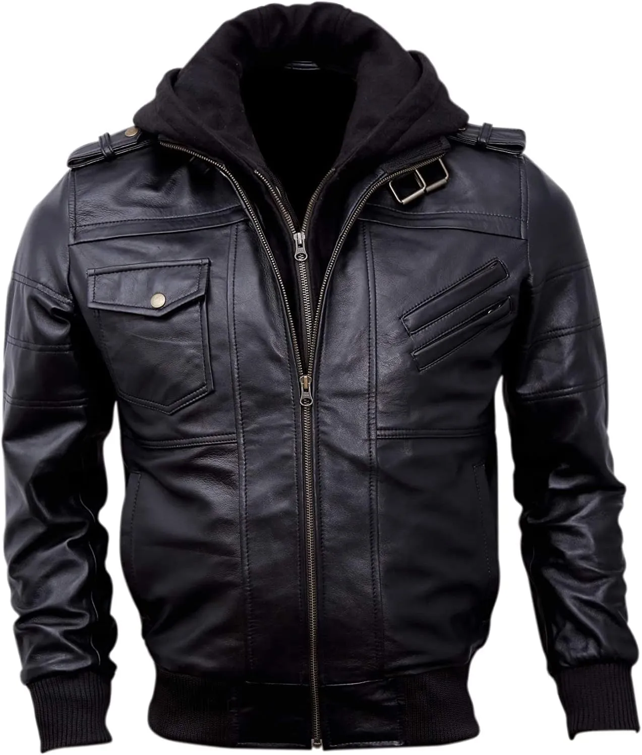 Mens Genuine Black Hooded Bomber Leather Jacket | Real Lambskin Waxed Brown Leather Jackets for Men with Removable Hood