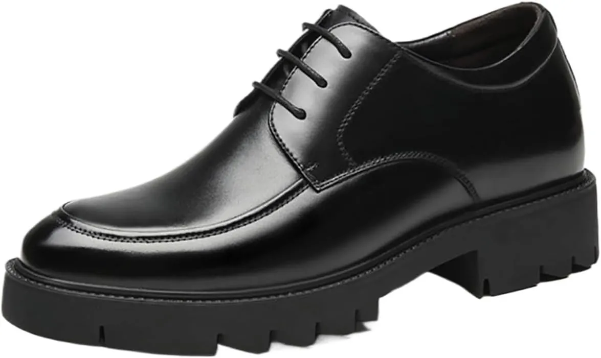Men's Genuine Leather Chunky Shoes, Thick Sole Elevated Work Casual Dress Shoes, Comfortable Padded Pigskin Lining