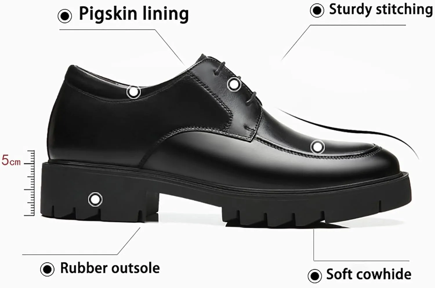 Men's Genuine Leather Chunky Shoes, Thick Sole Elevated Work Casual Dress Shoes, Comfortable Padded Pigskin Lining