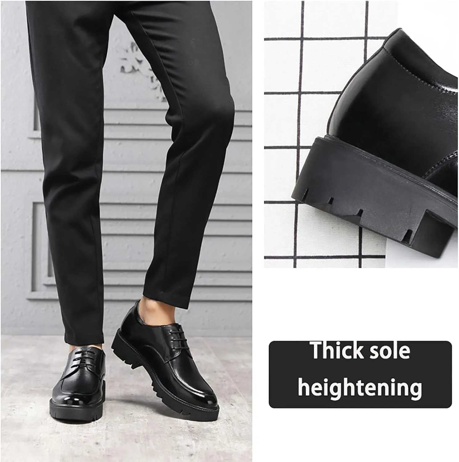 Men's Genuine Leather Chunky Shoes, Thick Sole Elevated Work Casual Dress Shoes, Comfortable Padded Pigskin Lining