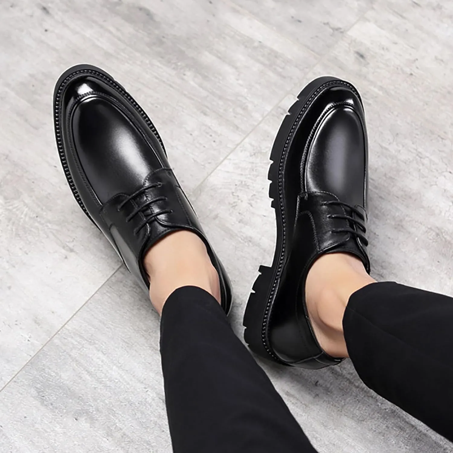 Men's Genuine Leather Chunky Shoes, Thick Sole Elevated Work Casual Dress Shoes, Comfortable Padded Pigskin Lining